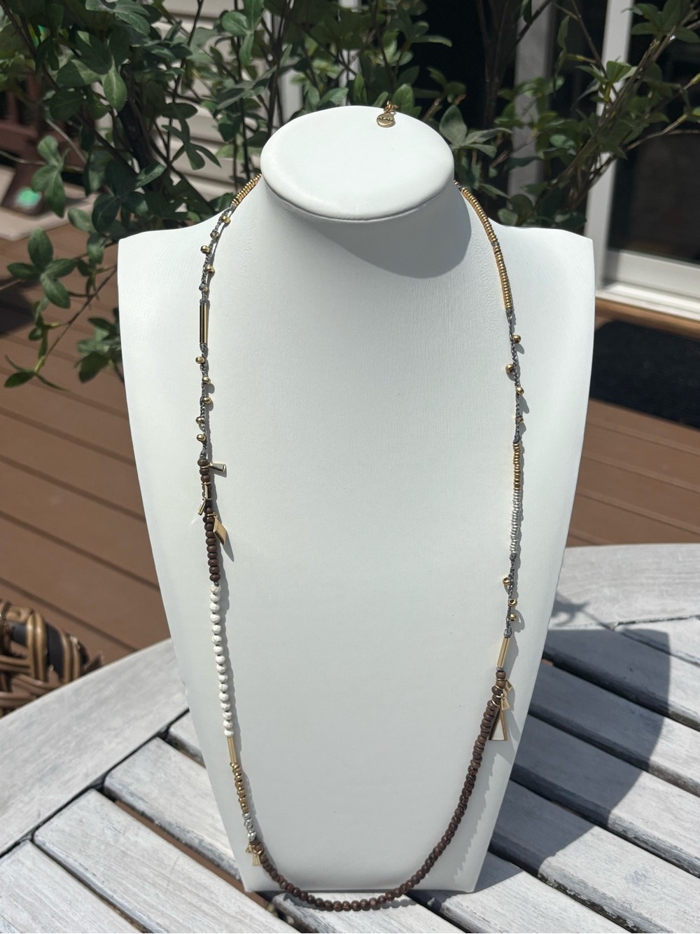 Stella & Dot Brown, White & Gold Mixed-Bead Long Necklace